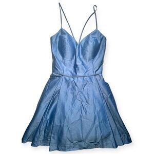 Blondie‎ Nites Blue Satin Fit & Flare Mini Dress Juniors 13 Lace Up Back Y2K